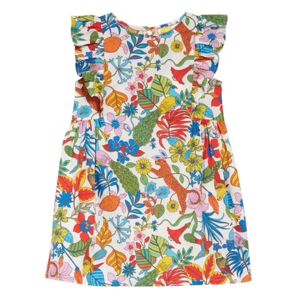 Boden Floral Jungle Animal Ruffle Cotton Dress Girls Size 7-8Y